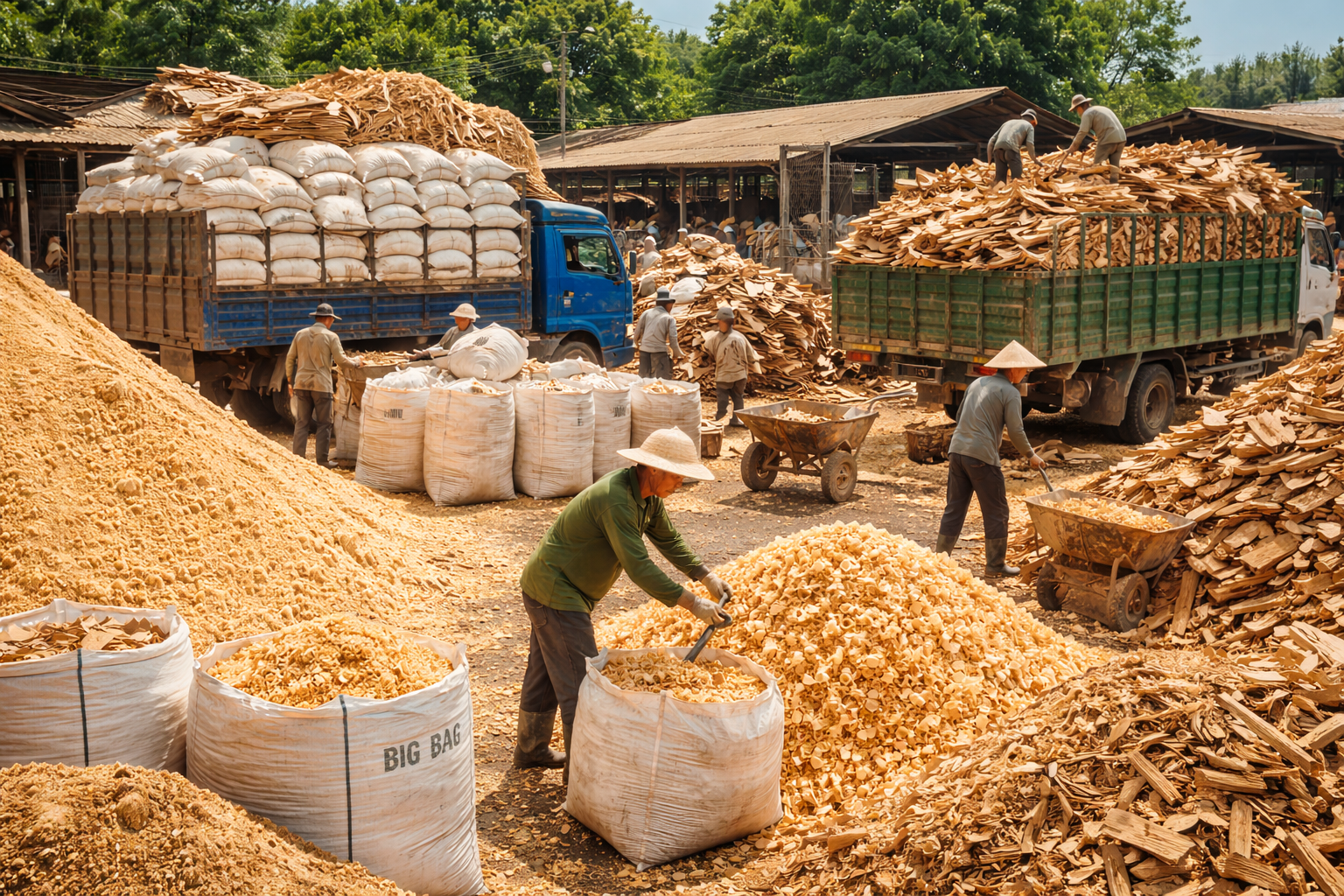 Công trường tái chế gỗ bận rộn